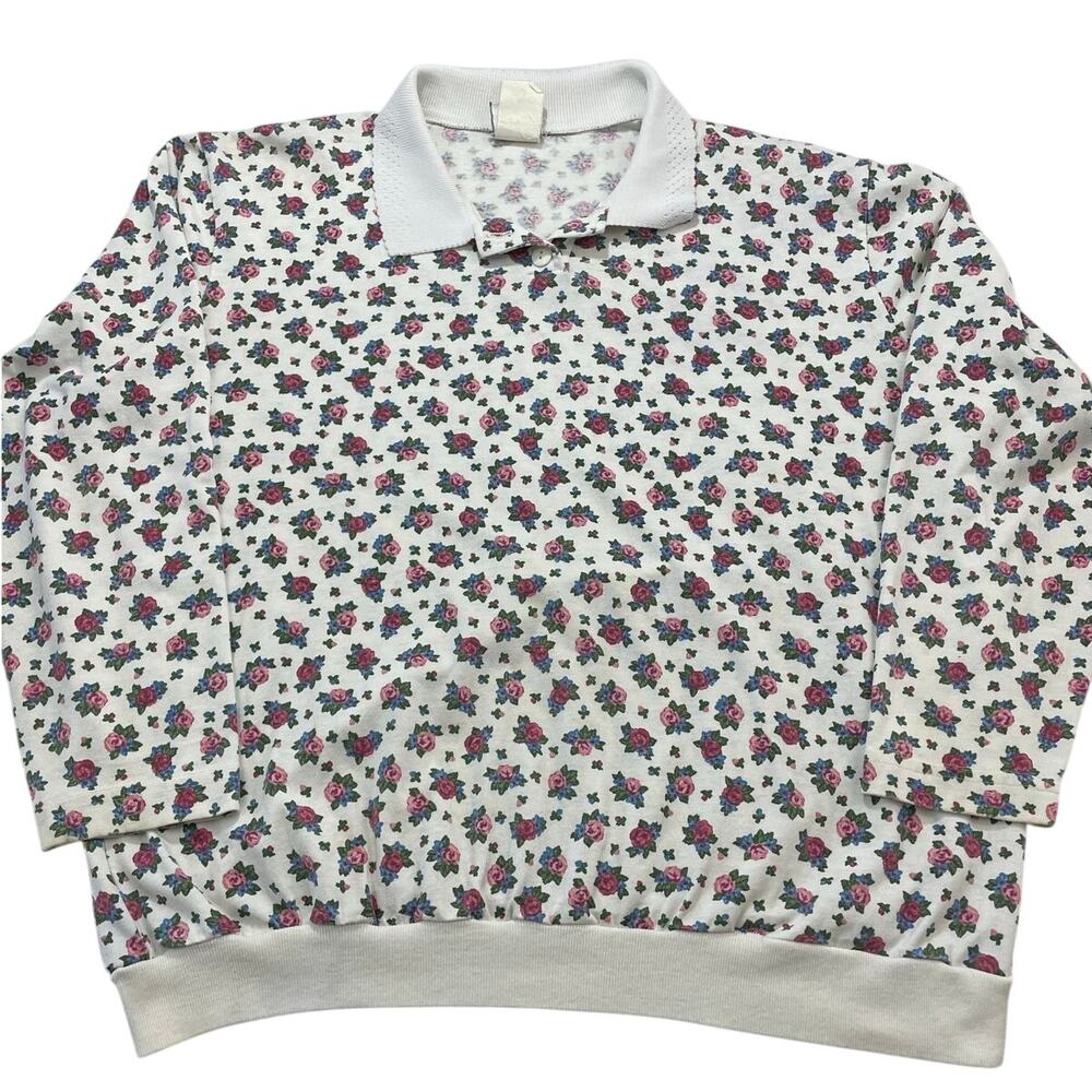 VTG 90s Floral Pattern Collared Sweatshirt size L American Weekend Cottagecore
